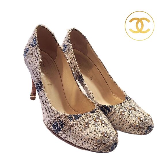 Chanel [Authentic] Metallic Tweed Rhinestone CC Closed Toe 3" Heels Size 6.5 - 7 - Picture 1 of 13